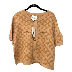 Sam Edelman Colleen Short Sleeve Cardigan Sweater Tan Monogram Gold Button XL